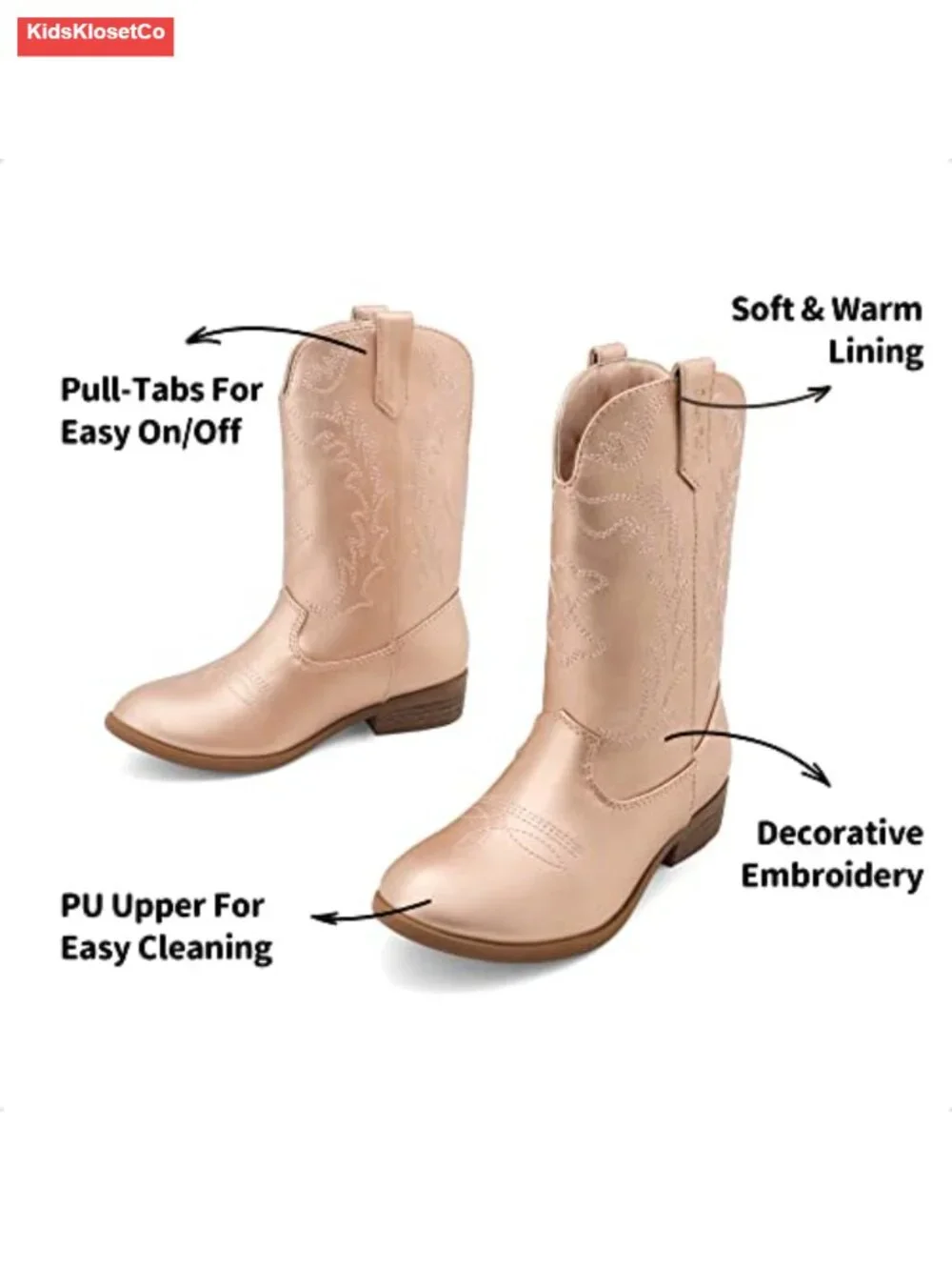 Girls Cowboy Western Boots Mid Calf Faux Leather Embroidered Pull On